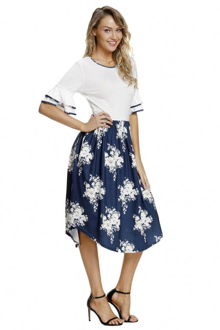 White Top Flora Skirt Layered Bell Sleeve Dress