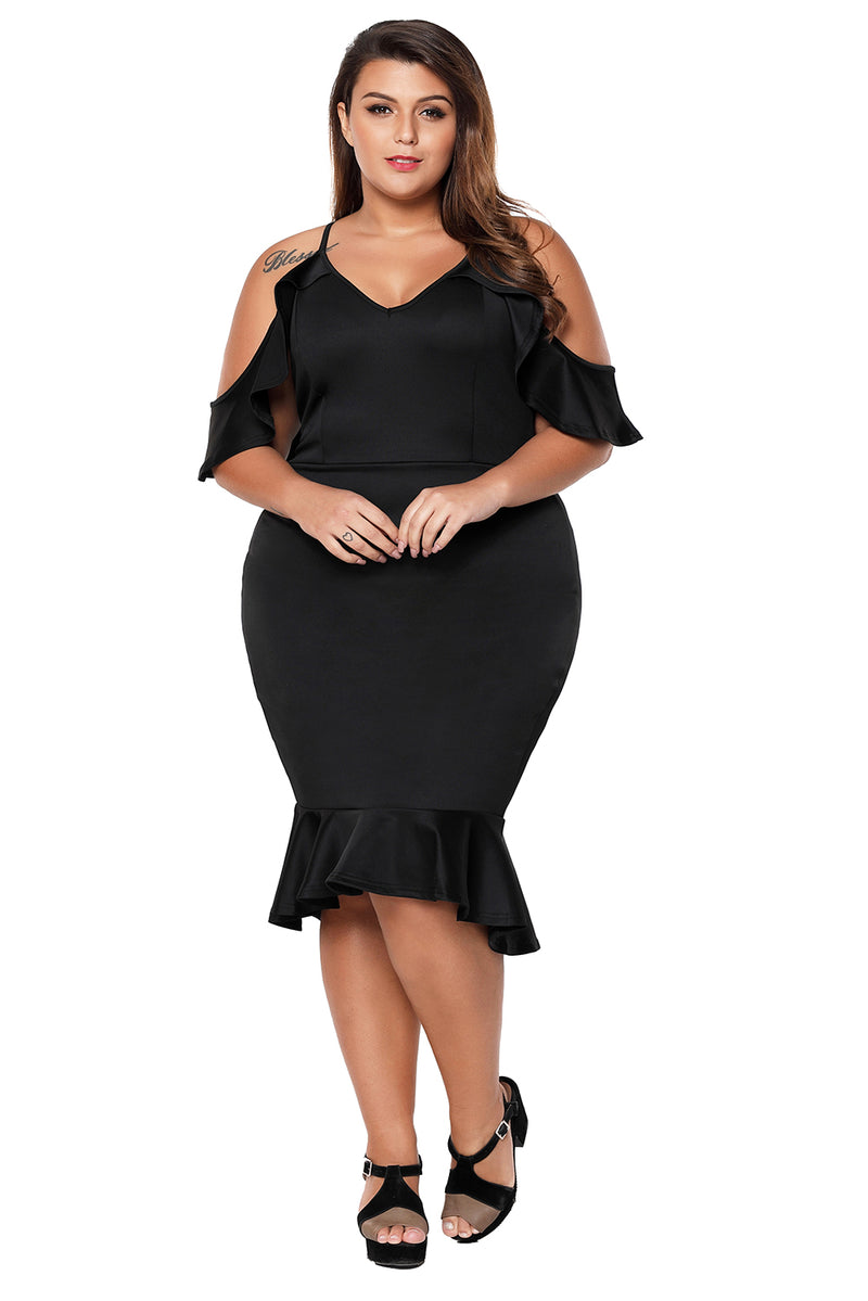 Black Plus Size Ruffle Cold Shoulder Flounced Dress