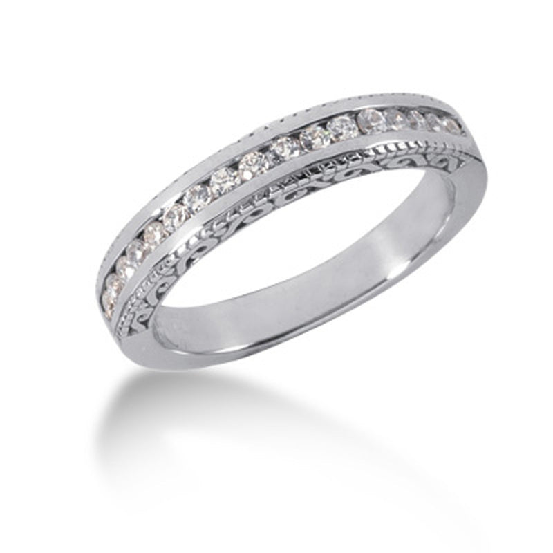 14K White Gold Vintage Style Engraved Diamond Channel Set Wedding Ring Band