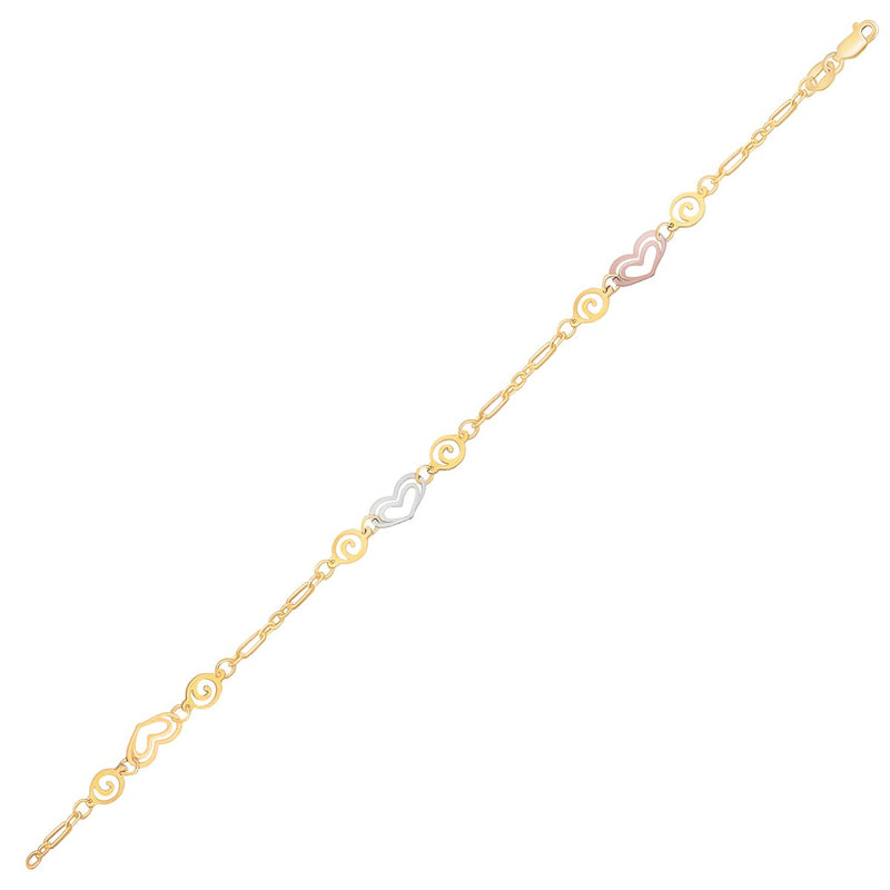 14K Tri-Color Gold Anklet with Multi Color Heart Stations