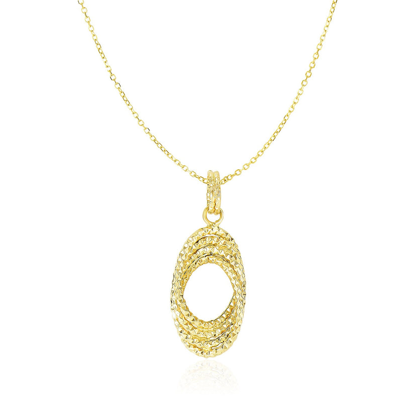 14K Yellow Gold Textured Entwined Open Oval Sections Pendant