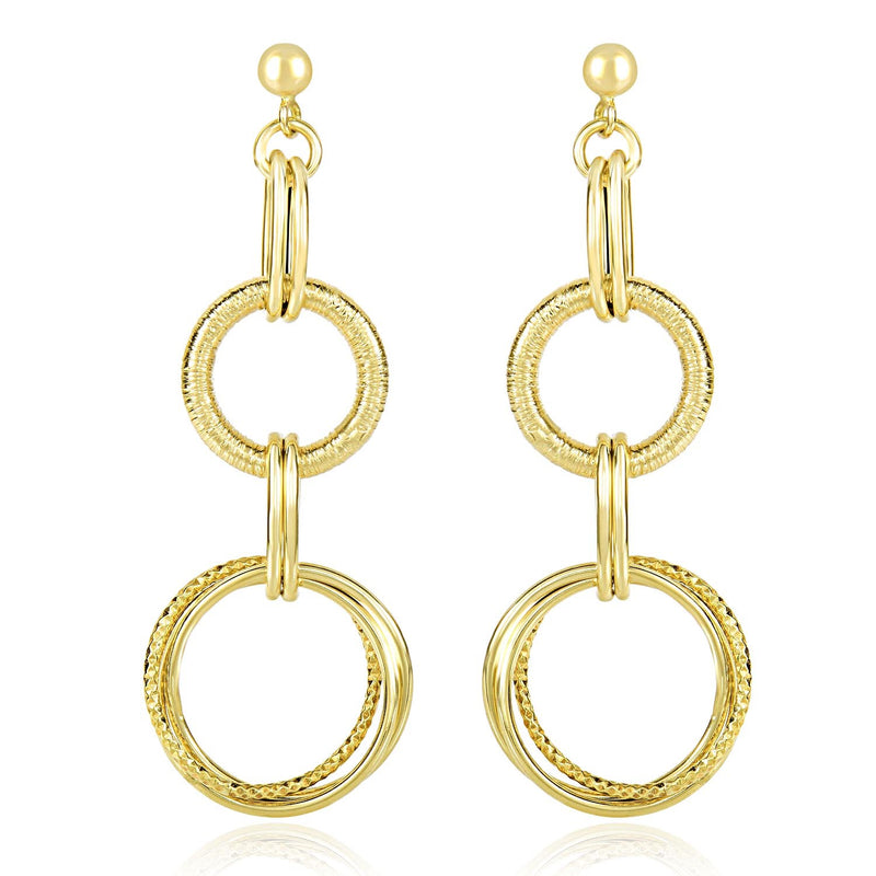 14K Yellow Gold Dangling Earrings with Multi-Textured Entwined Circles