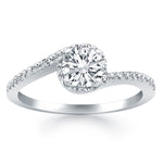 14K White Gold Bypass Swirl Diamond Halo Engagement Ring