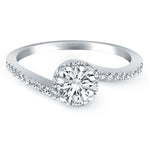 14K White Gold Bypass Swirl Diamond Halo Engagement Ring