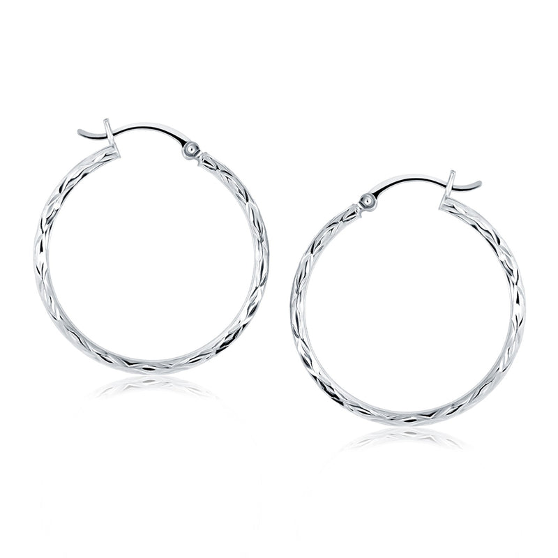 14K White Gold Diamond Cut Hoop Earrings