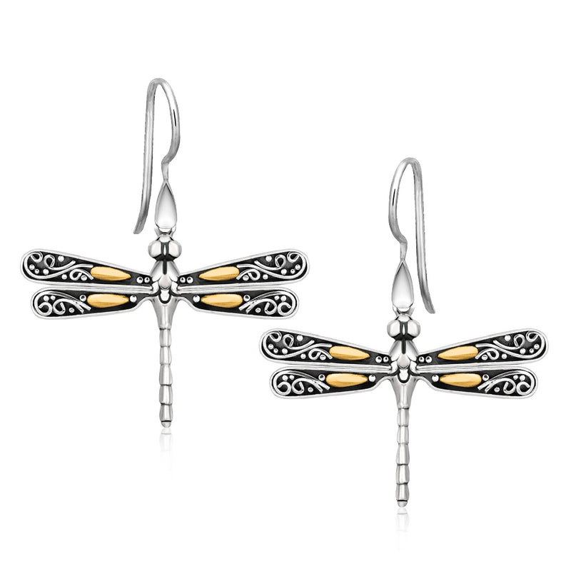 18K Yellow Gold and Sterling Silver Dragonfly Motif Drop Earrings