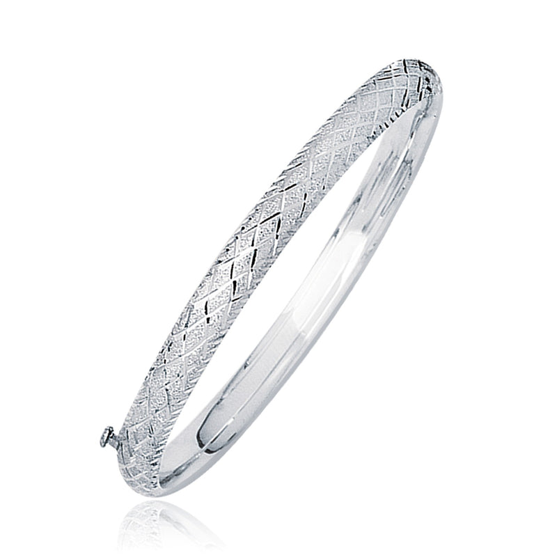 14K White Gold Diamond Carved Bangle (6.0 mm)