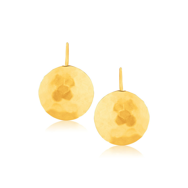 14K Yellow Gold Hammered Texture Disc Drop Earrings Medium