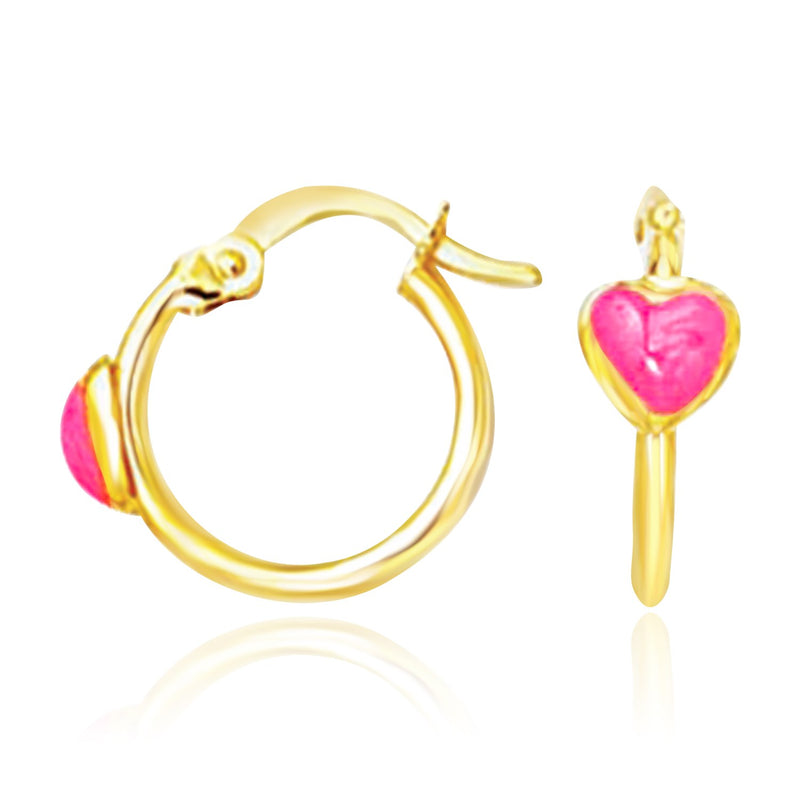 14K Yellow Gold Hoop Earrings with Front Pink Heart Design