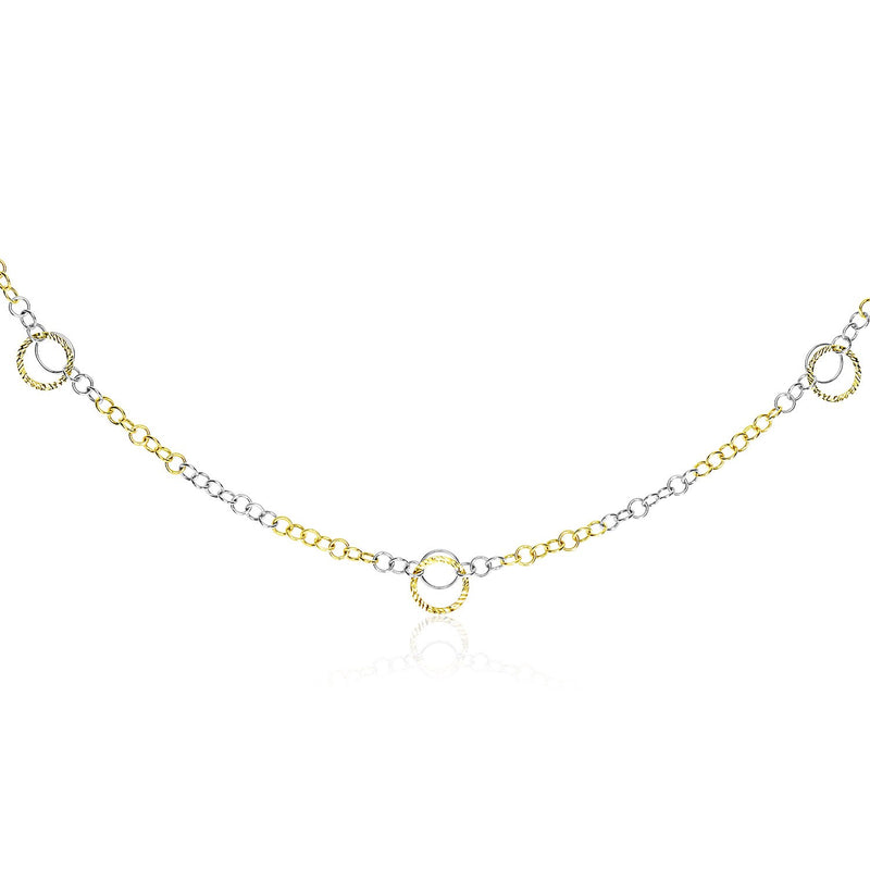 14K Two-Tone Gold Chain Necklace with Entwined Textured Ring Stations