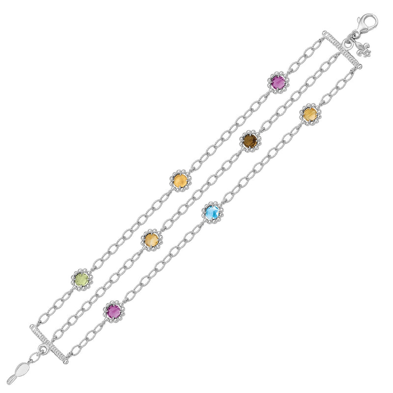 18K Yellow Gold and Sterling Silver 3 Chain Design Bracelet with Multi Stones