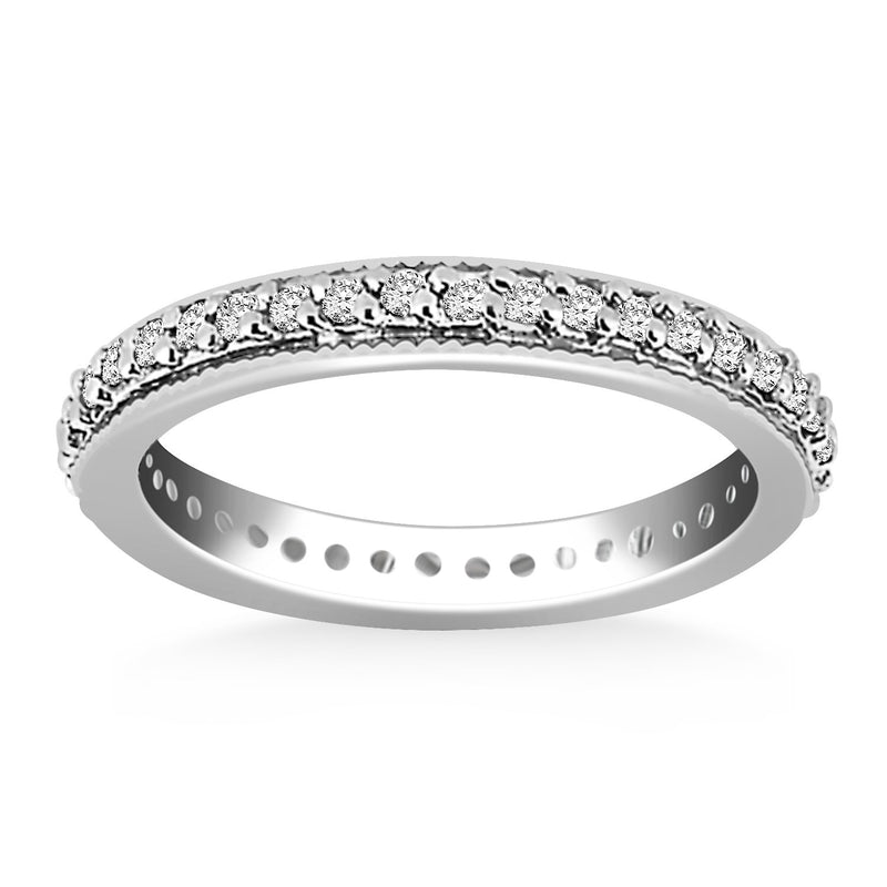 14K White Gold Pave Set Round Cut Diamond Eternity Ring with Milgrained Edging