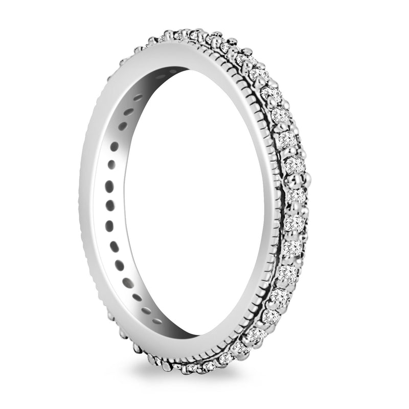 14K White Gold Pave Set Round Cut Diamond Eternity Ring with Milgrained Edging