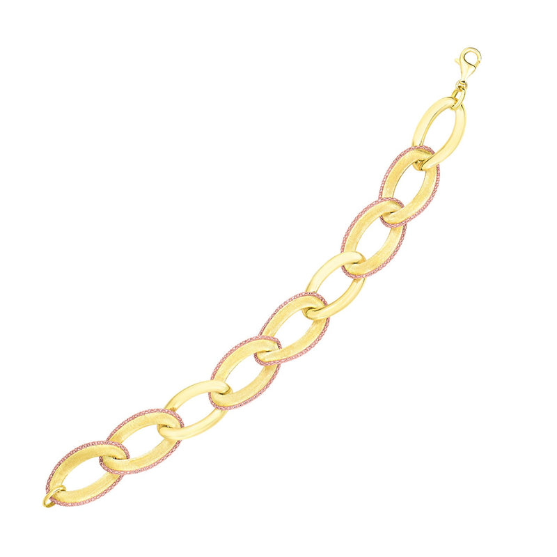 14K Yellow and Rose Gold Oval Link with Popcorn Trim Bracelet