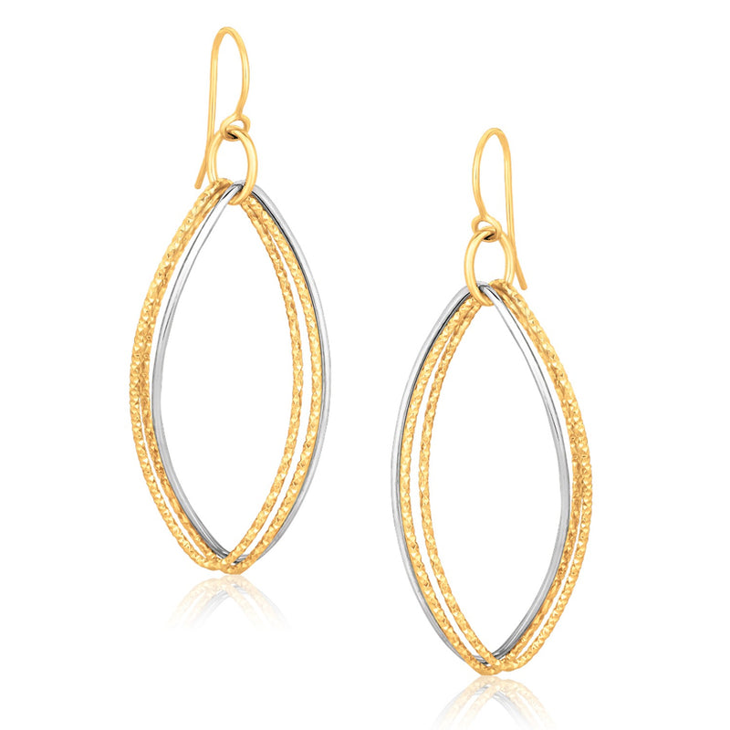 14K Two Tone Gold Textured Triple Oval Shape Drop Earrings