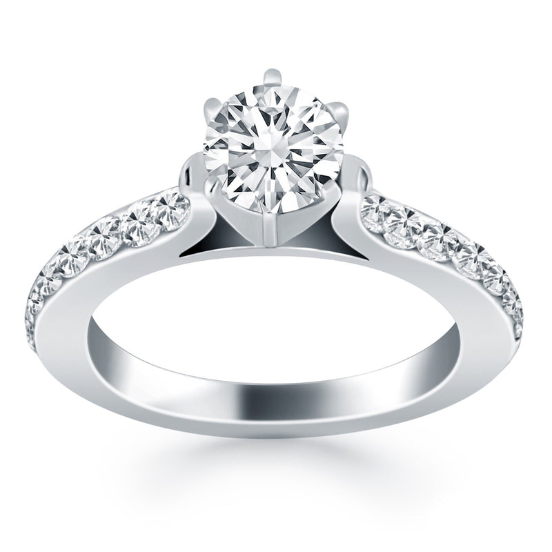 14K White Gold Curved Shank Engagement Ring with Pave Diamonds