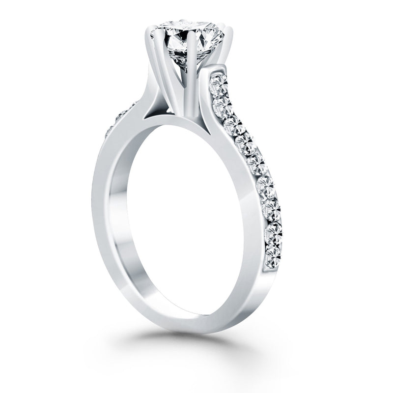 14K White Gold Curved Shank Engagement Ring with Pave Diamonds