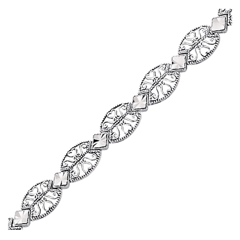 14K White Gold Antique Vintage Look Filigree Oval Link Bracelet