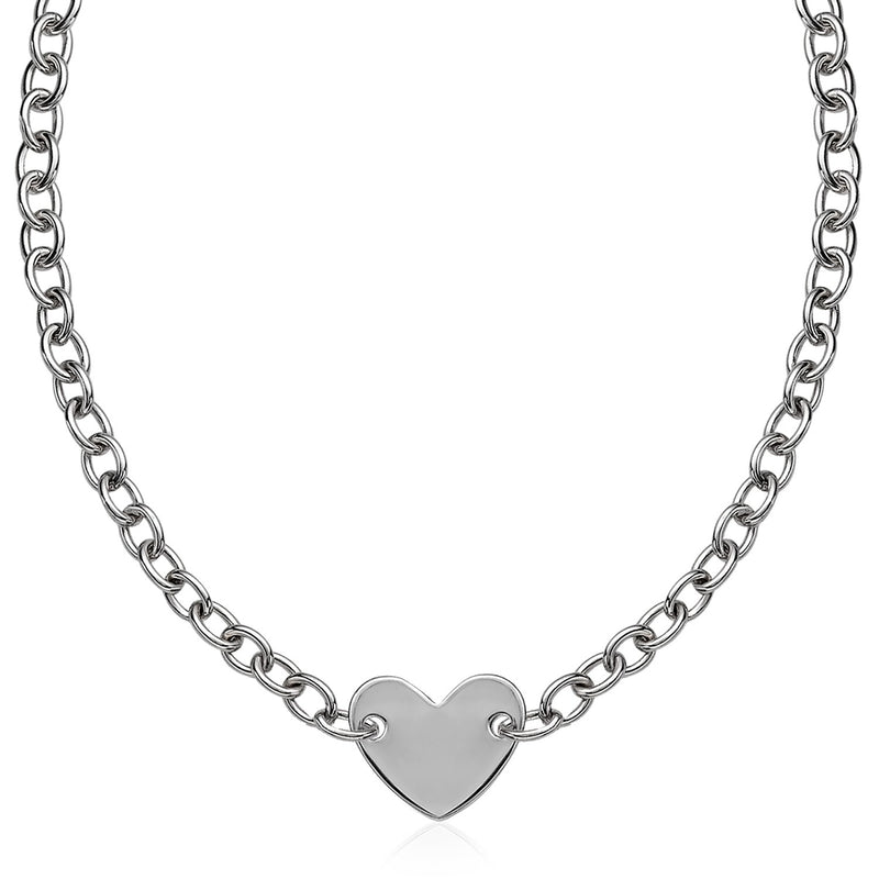 Sterling Silver Rhodium Plated Chain Bracelet with a Flat Heart Motif Station