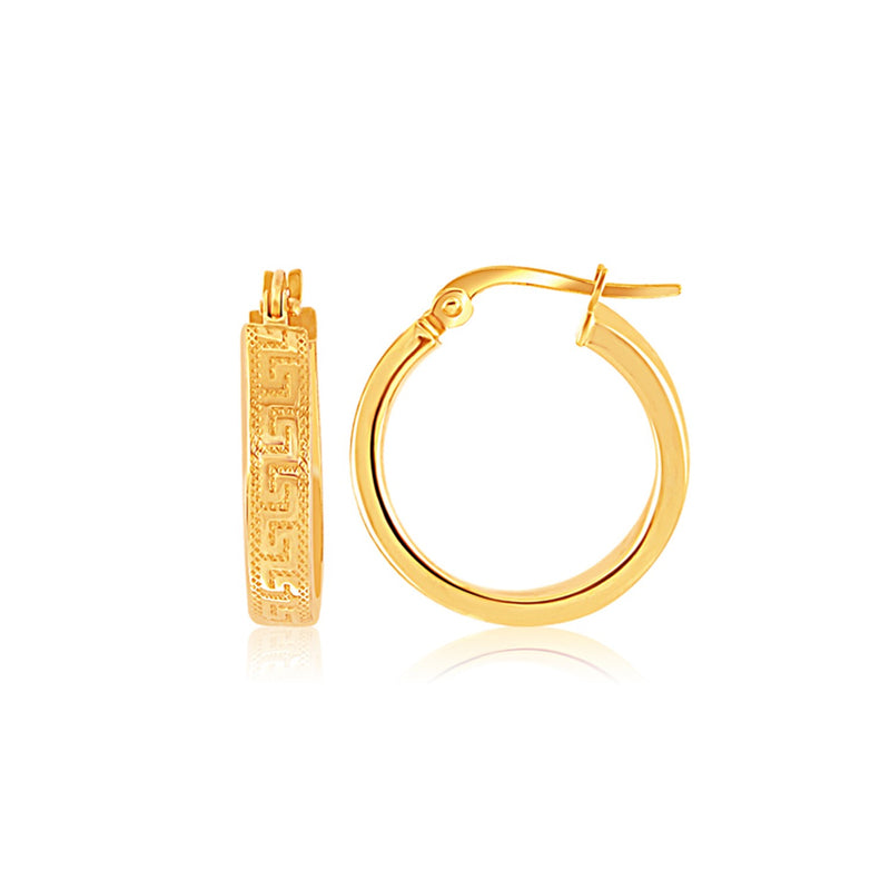 14K Yellow Gold Greek Key Small Hoop Earrings