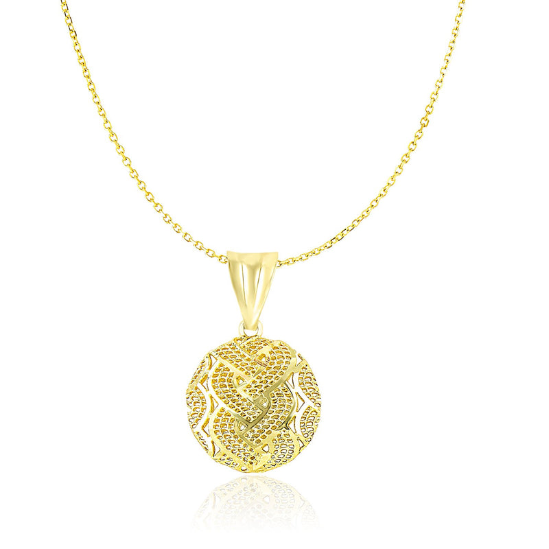 14K Yellow Gold Round Wavy and Scallop Mesh Design Pendant