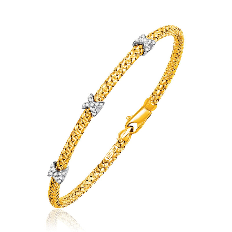 Basket Weave Bangle with Cross Diamond Accents in 14K Yellow Gold (4.0mm)