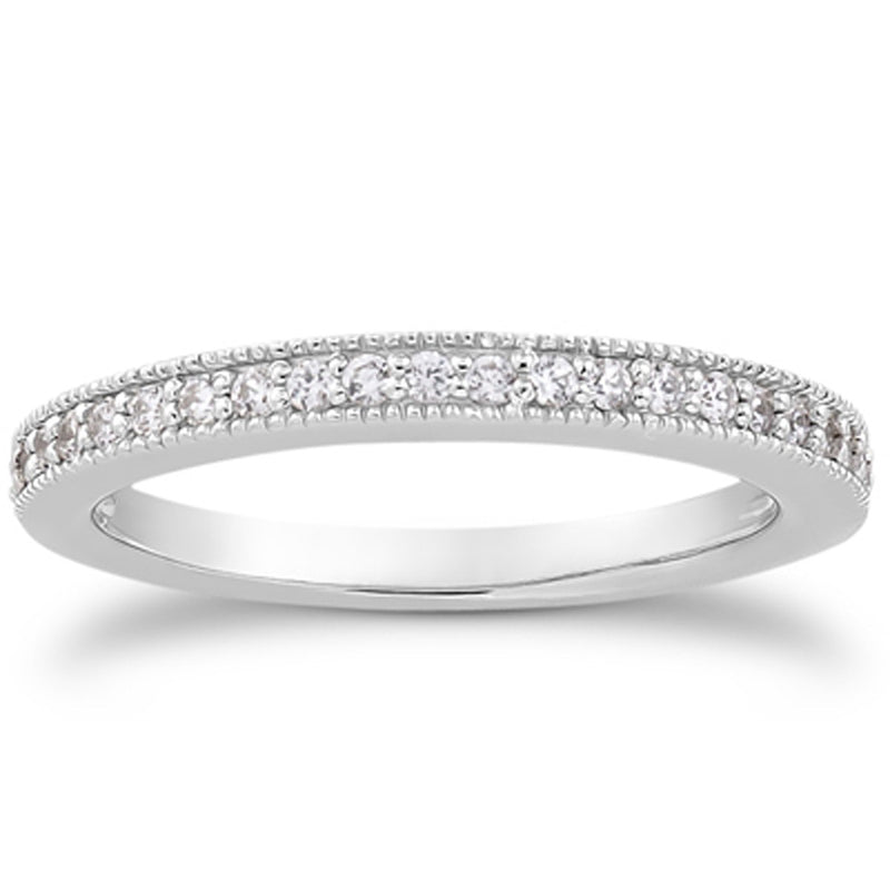 14K White Gold Pave Diamond Milgrain Wedding Ring Band Set 1/2 Around