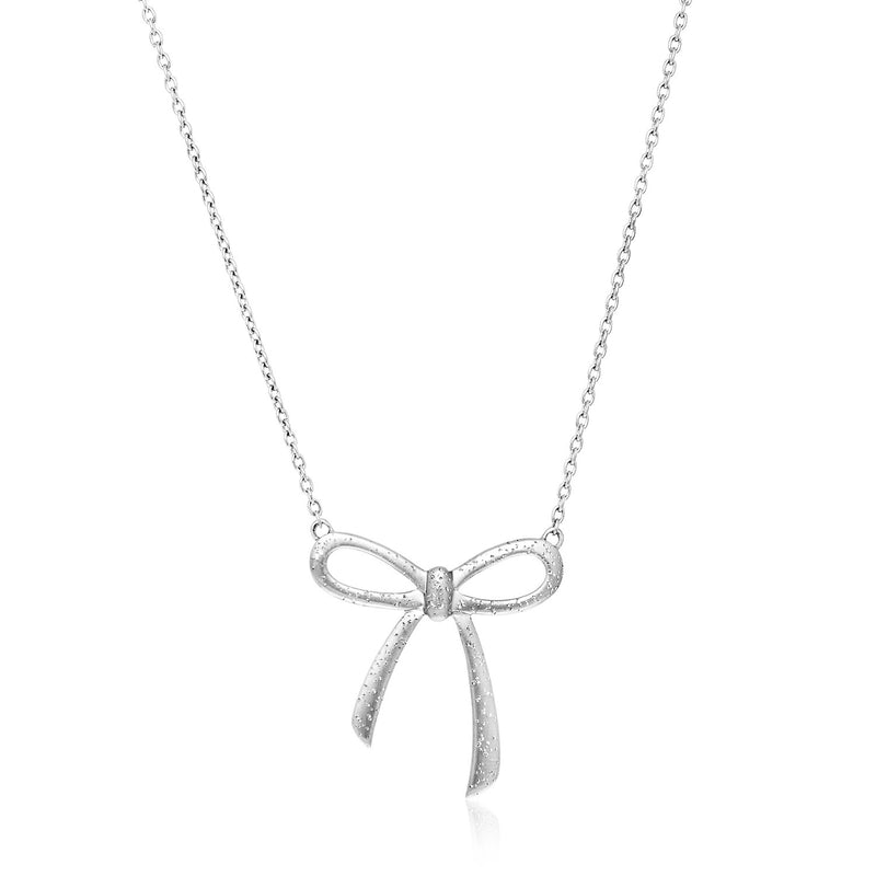 Sterling Silver Bow Design Necklace with Diamond Dust