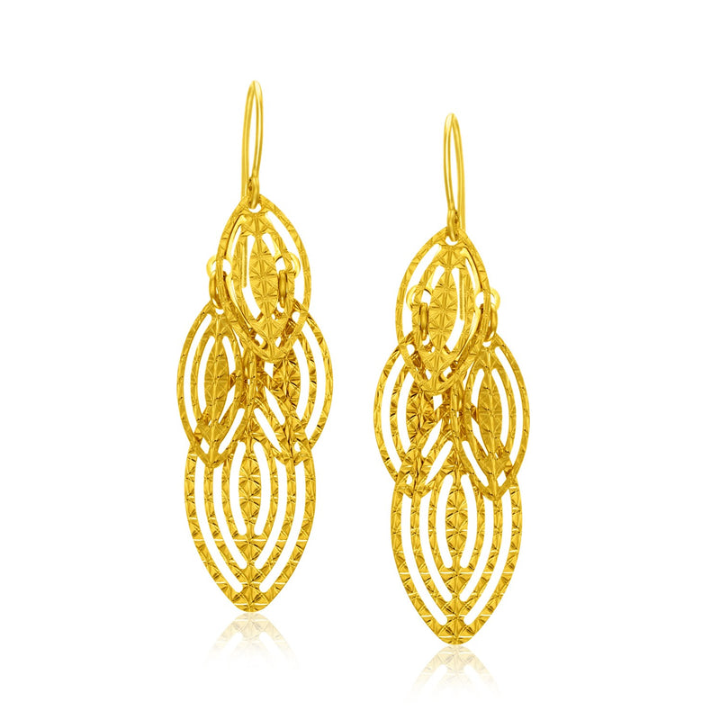 14K Yellow Gold Textured Cascading Cut Out Marquise Earrings