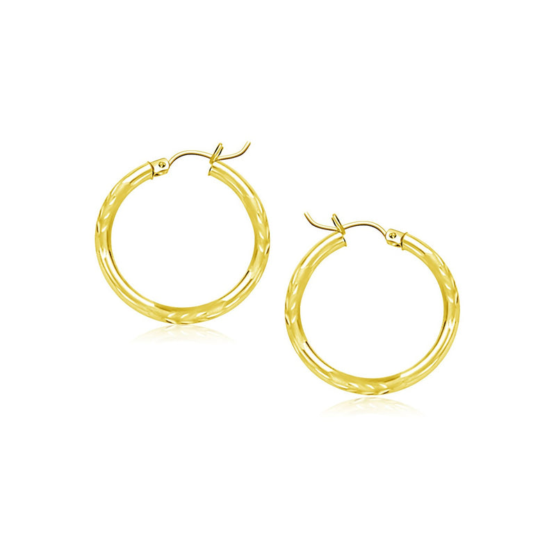 14K Yellow Gold Fancy Diamond Cut Slender Small Hoop Earrings (15mm Diameter)