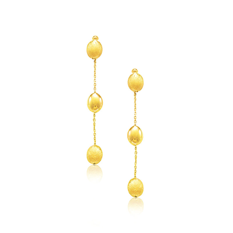 14K Yellow Gold Textured and Shiny Pebble Dangling Earrings