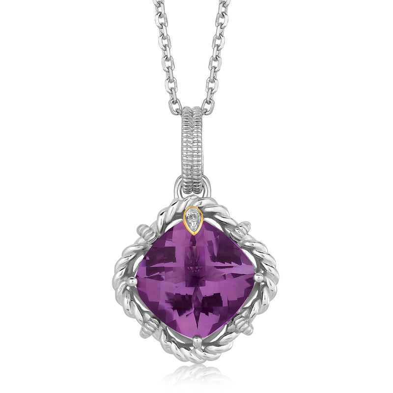 18K Yellow Gold and Sterling Silver Cushion Amethyst and Diamond Pendant