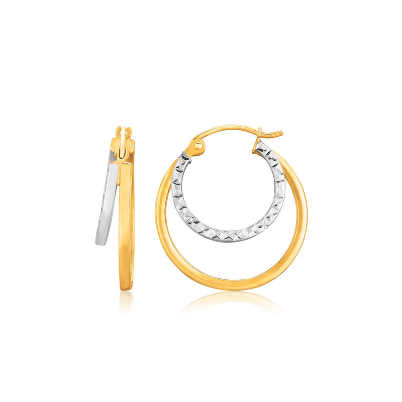 14K Two Tone Gold Double Hoop Hammered Texture Earrings