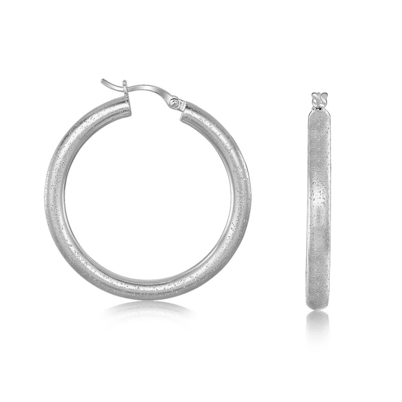 Sterling Silver Rhodium Plated Motif Large Hoop Earrings