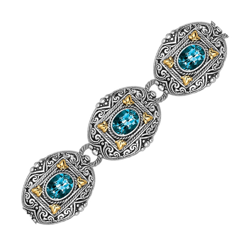 18K Yellow Gold and Sterling Silver Bracelet with Framed Blue Topaz Accents