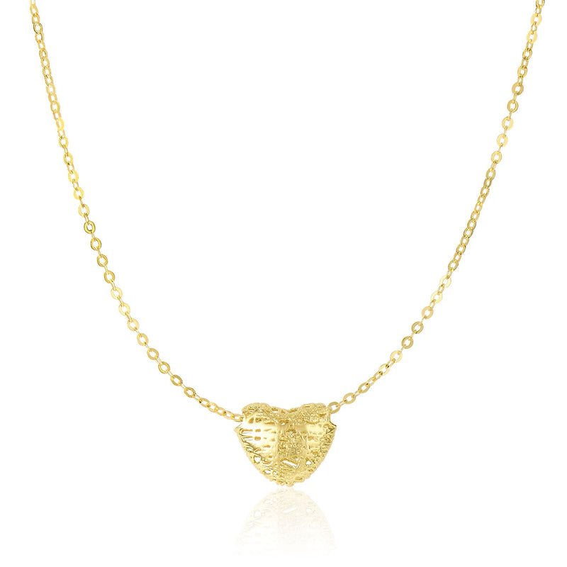 14K Yellow Gold Puffed Heart Design with Mesh Texture Necklace