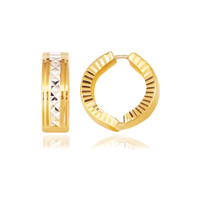 14K Two-Tone Gold Reversible Patterned Hinged Hoop Huggie Earrings