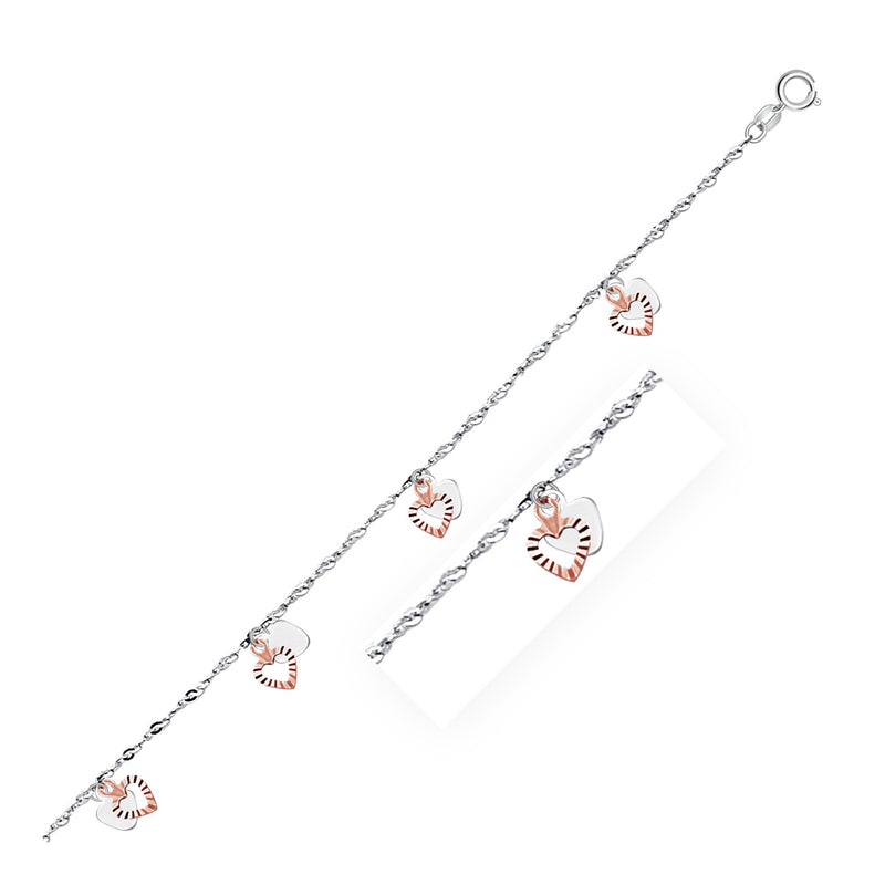 14K White and Rose Gold Anklet with Dual Heart Charms