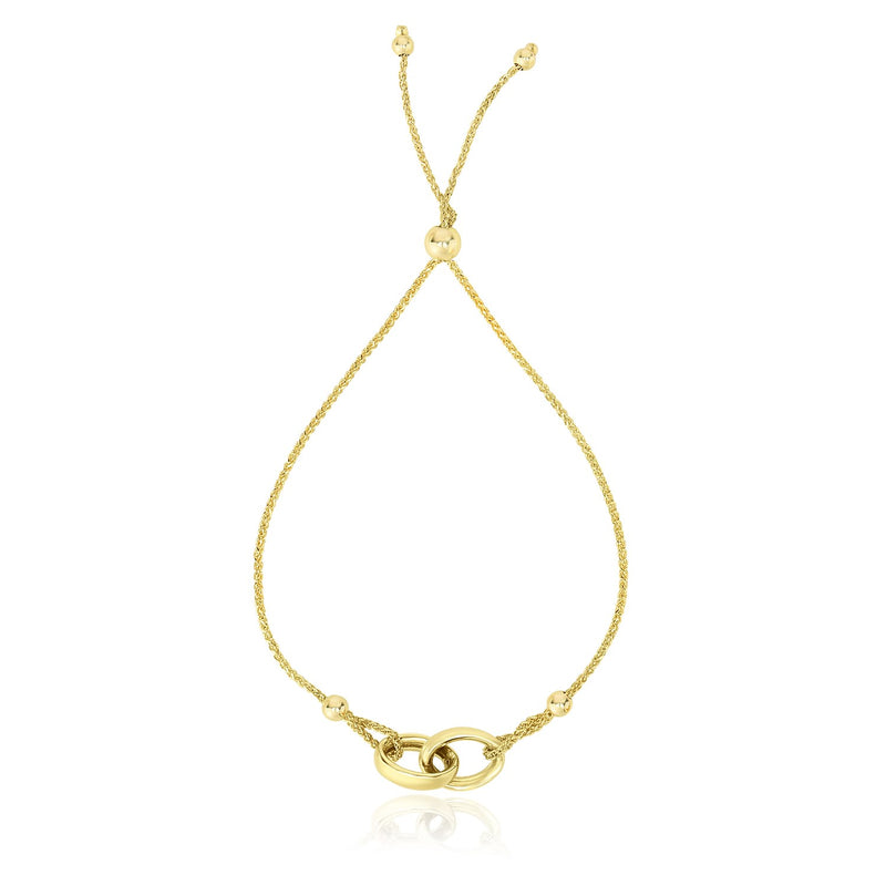 14K Yellow Gold Entwined Rings Adjustable Lariat Style Bracelet