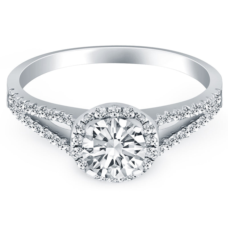 14K White Gold Diamond Halo Split Shank Engagement Ring