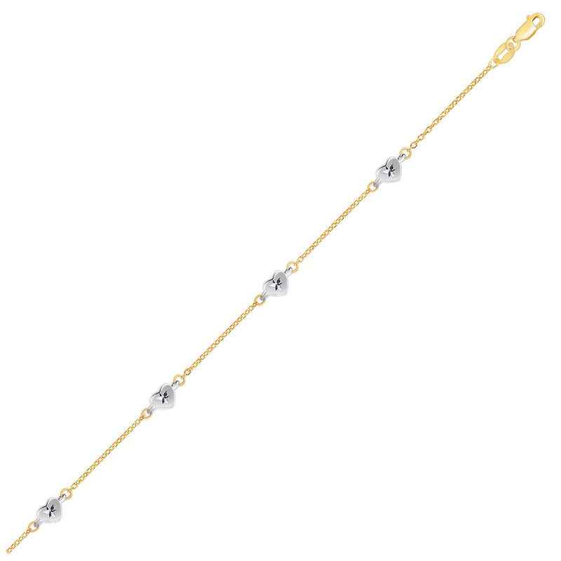 14K Two Tone Gold Anklet with Diamond Cut Heart Style Stations