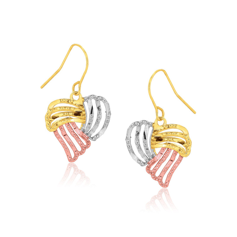 Tri-Color Heart Drop Earrings in 10K Gold