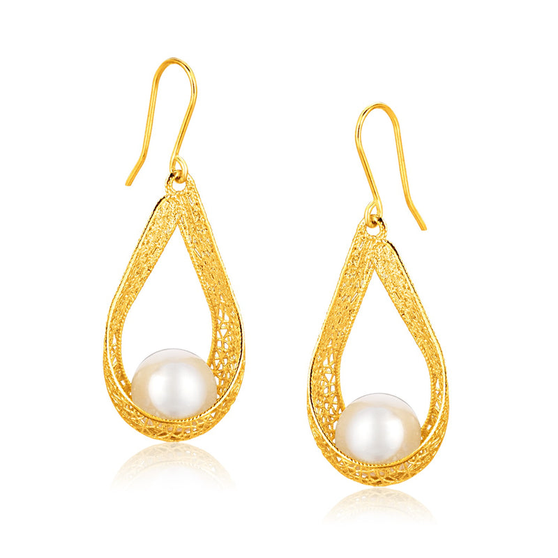 Italian Design 14K Yellow Gold Pearl Crochet Teardrop Ribbon Earrings