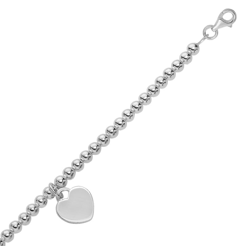 Sterling Silver Rhodium Plated Heart Charmed Bead Motif Bracelet