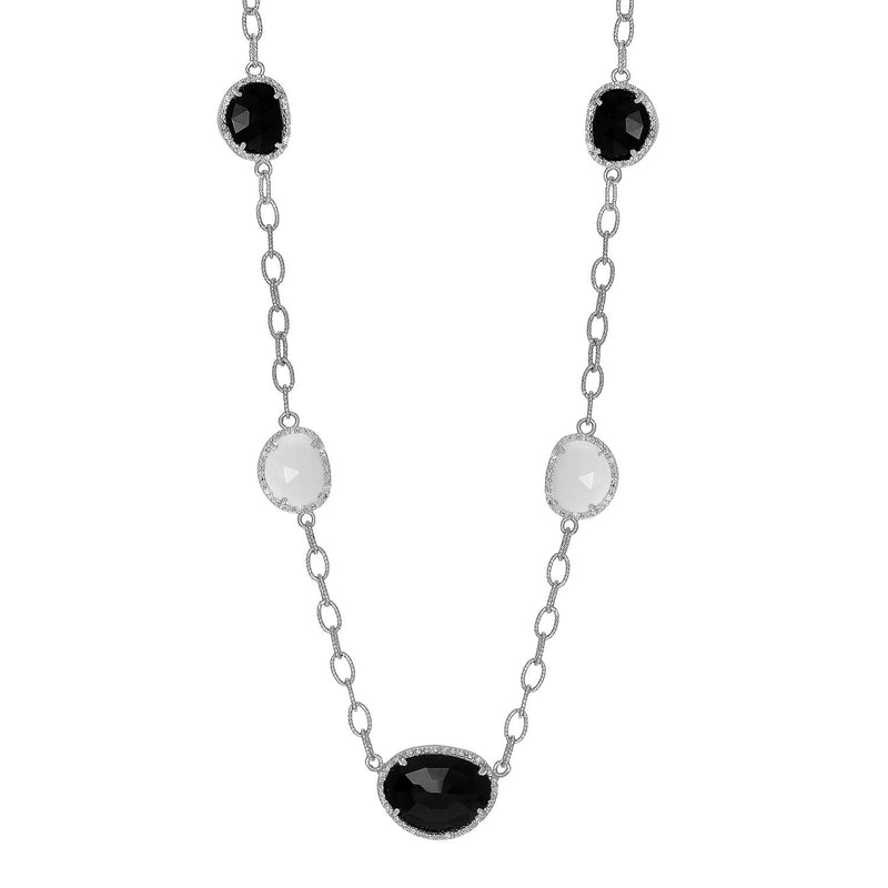 Sterling Silver Diamond Embellished Black and White Agate Necklace