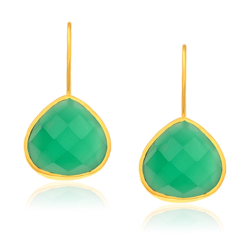 Sterling Silver Yellow Gold Plated Teardrop Faceted Green Onyx Earrings