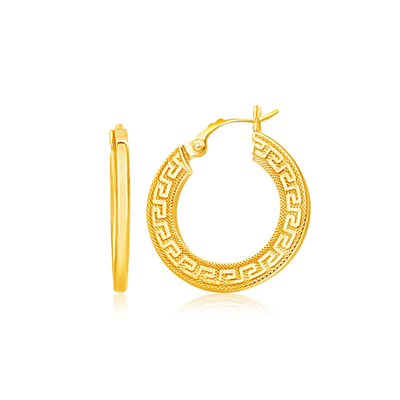 14K Yellow Gold Greek Key Medium Hoop Earrings with Flat Sides