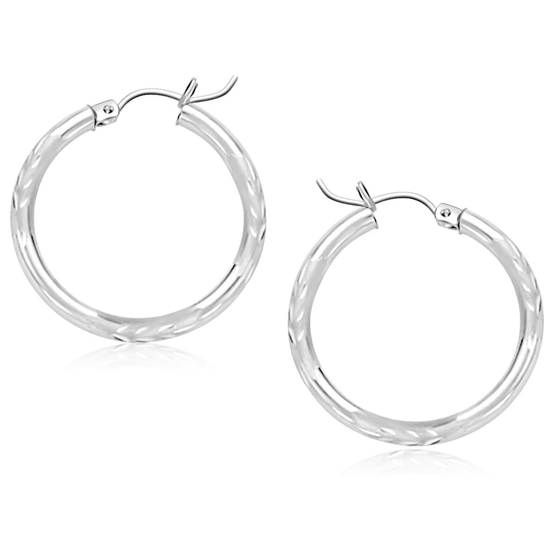 14K White Gold Diamond Cut Hoop Earrings (25 mm)