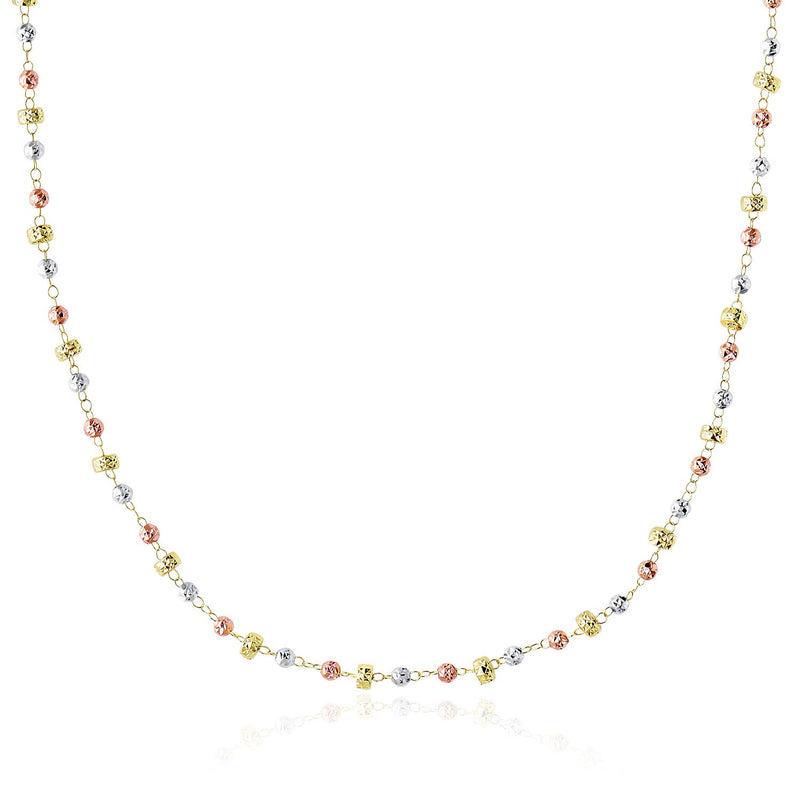 14K Tri-Color Gold Necklace with Textured Round and Barrel Bead Links