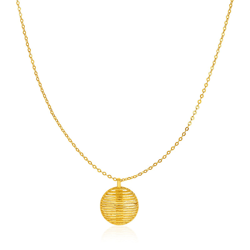 14K Yellow Gold Necklace with Round Diamond Cut Line Pattern Pendant